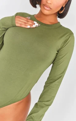Shape Khaki Washed Cotton Long Sleeve Crew Neck Bodysuit