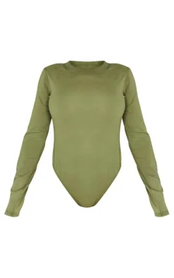 Shape Khaki Washed Cotton Long Sleeve Crew Neck Bodysuit