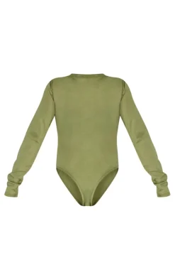 Shape Khaki Washed Cotton Long Sleeve Crew Neck Bodysuit