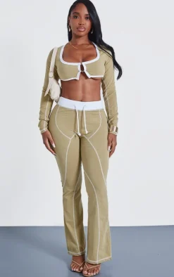 Shape Khaki Washed Cotton Hook And Eye Long Sleeve Crop Top