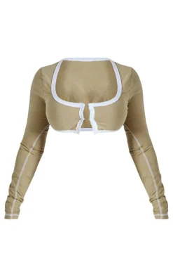 Shape Khaki Washed Cotton Hook And Eye Long Sleeve Crop Top