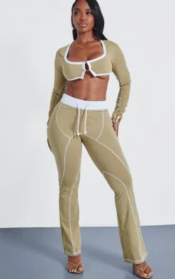 Shape Khaki Washed Cotton Seam Detail Flare Leggings