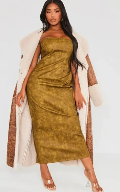 Shape Khaki Washed Effect Faux Leather Maxi Dress
