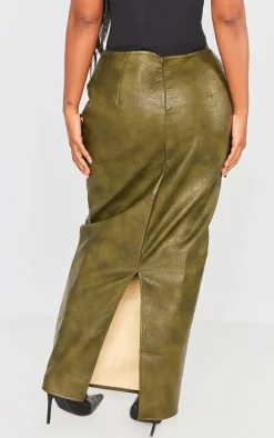 Shape Khaki Washed Effect Faux Leather Belt Detail Maxi Skirt
