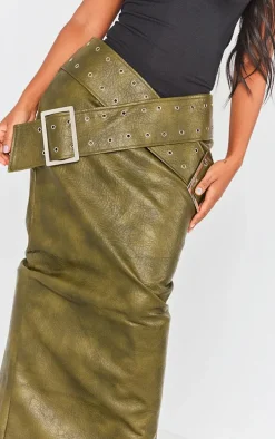 Shape Khaki Washed Effect Faux Leather Belt Detail Maxi Skirt