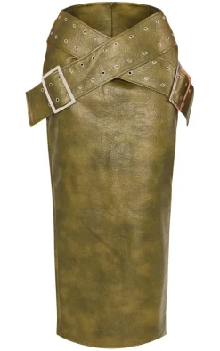 Shape Khaki Washed Effect Faux Leather Belt Detail Maxi Skirt