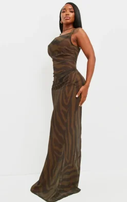 Shape Khaki Zebra Body Print Strappy Cowl Neck Maxi Dress