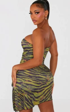 Shape Khaki Zebra Print Slinky Bandeau Ruched Side Frill Bodycon Dress