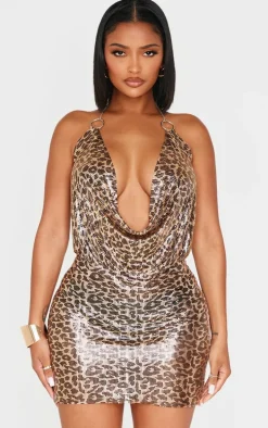 Shape Leopard Chainmail Cowl Halter Neck Mini Dress