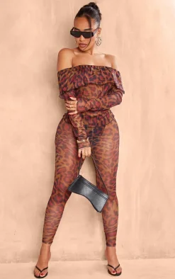 Shape Leopard Mesh Bardot Foldover Top