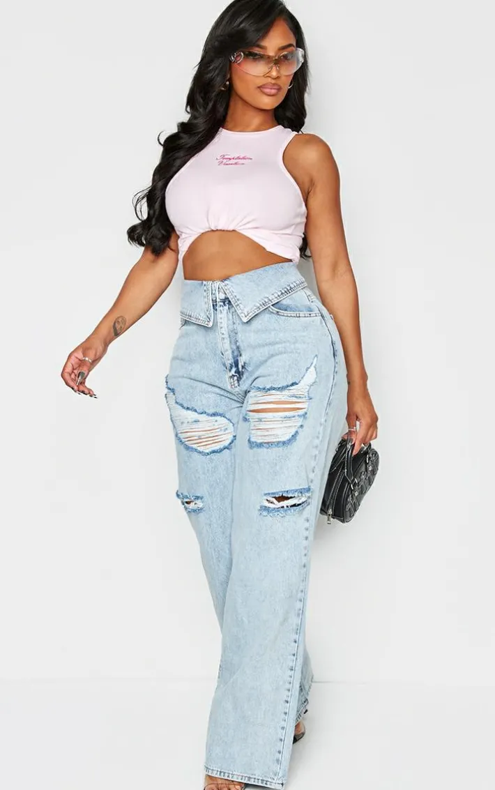 Shape Light Blue Acid Wash Denim Foldover Waist Ripped Wide Leg Jeans