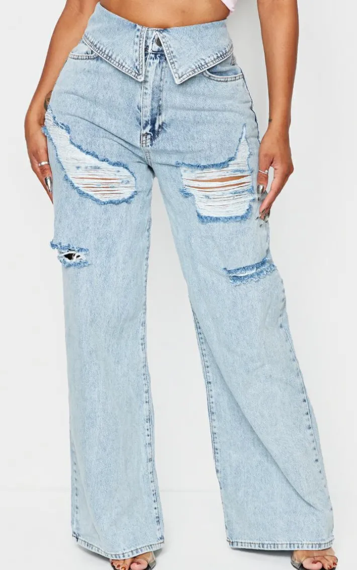 Shape Light Blue Acid Wash Denim Foldover Waist Ripped Wide Leg Jeans