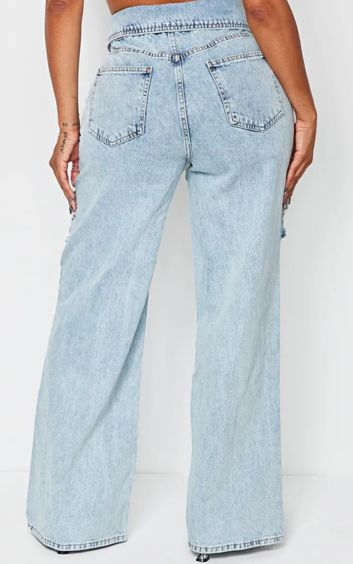 Shape Light Blue Acid Wash Denim Foldover Waist Ripped Wide Leg Jeans