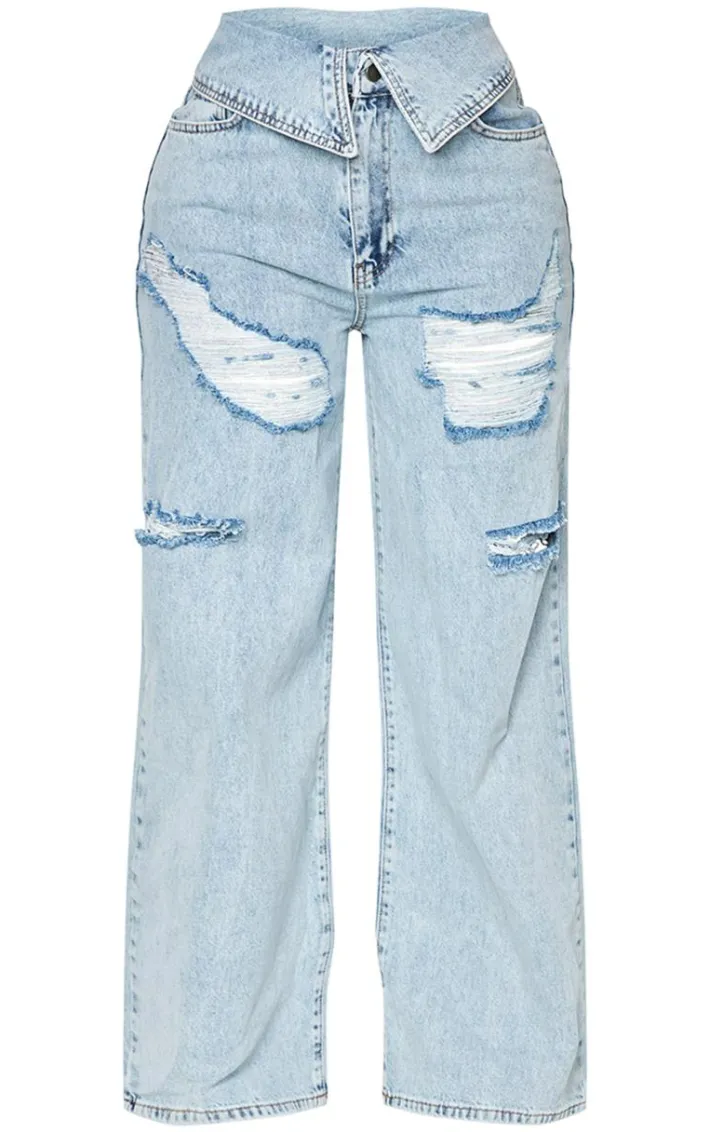Shape Light Blue Acid Wash Denim Foldover Waist Ripped Wide Leg Jeans