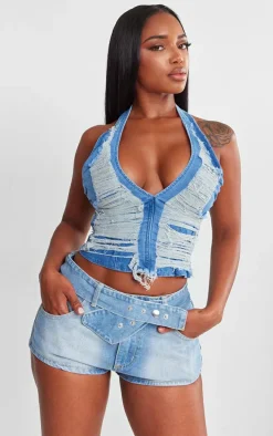 Shape Light Blue Denim Belted Low Rise Shorts