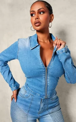 Shape Light Blue Denim Cropped Zip Through Jacket