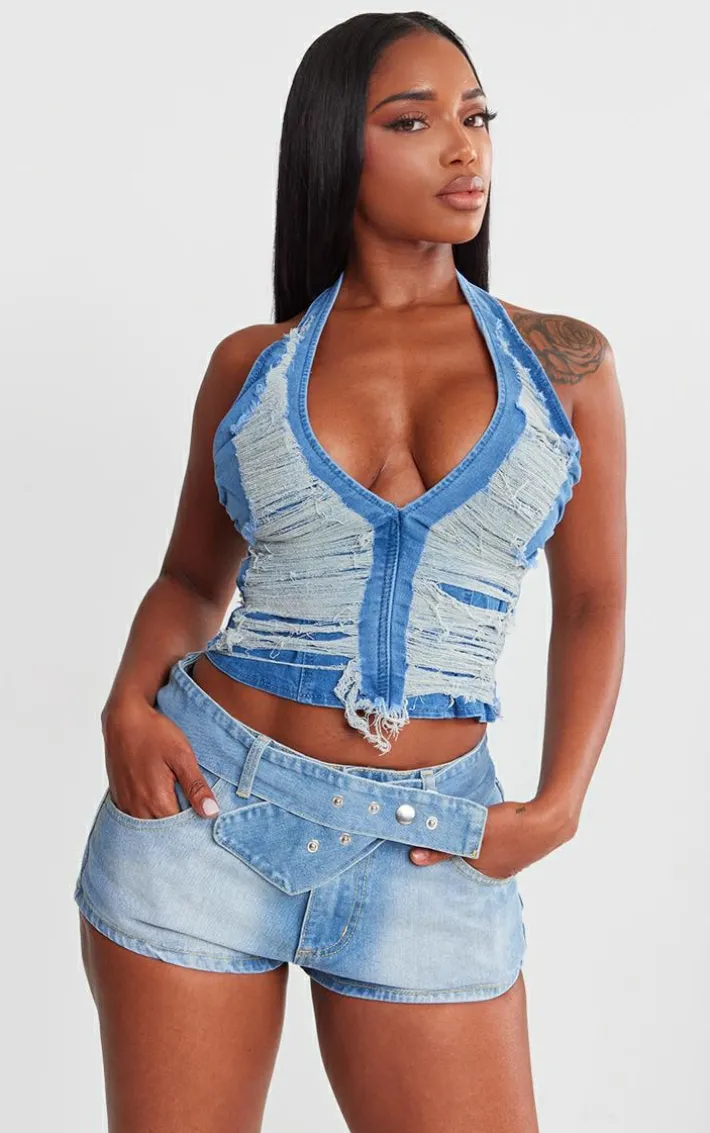 Shape Light Blue Denim Distressed Halterneck Longline Top