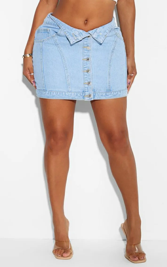 Shape Light Blue Denim Foldover Waist Mini Skirt