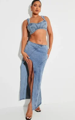 Shape Light Blue Denim Seam Detail High Split Maxi Skirt