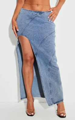 Shape Light Blue Denim Seam Detail High Split Maxi Skirt