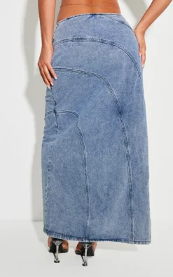 Shape Light Blue Denim Seam Detail High Split Maxi Skirt