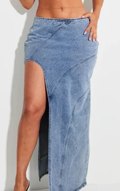 Shape Light Blue Denim Seam Detail High Split Maxi Skirt