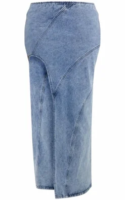 Shape Light Blue Denim Seam Detail High Split Maxi Skirt