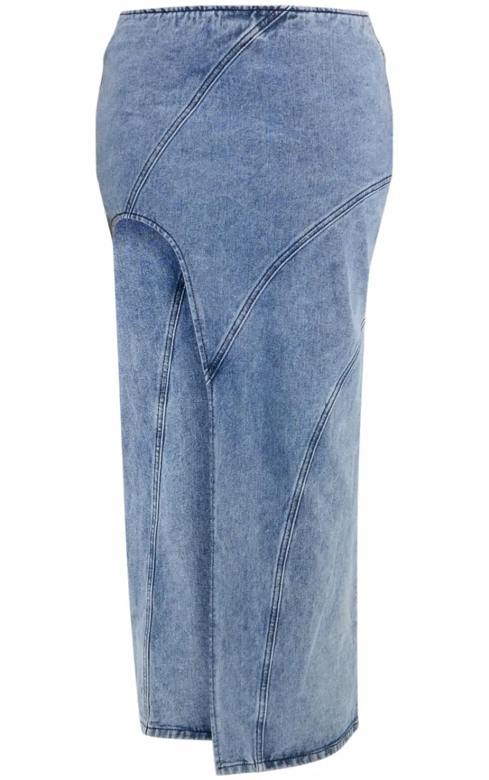 Shape Light Blue Denim Seam Detail High Split Maxi Skirt