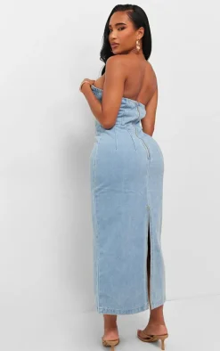 Shape Light Blue Denim Seam Detail Bandeau Maxi Dress