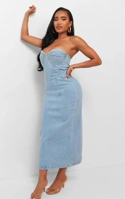 Shape Light Blue Denim Seam Detail Bandeau Maxi Dress