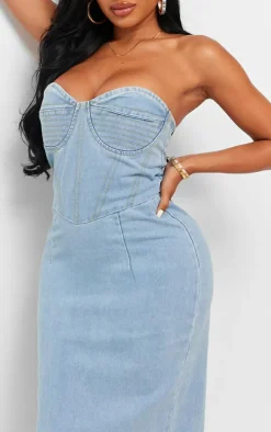 Shape Light Blue Denim Seam Detail Bandeau Maxi Dress