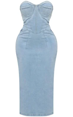 Shape Light Blue Denim Seam Detail Bandeau Maxi Dress