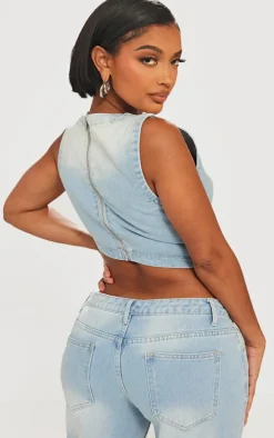 Shape Light Blue Denim Washed Asymmetric Crop Top