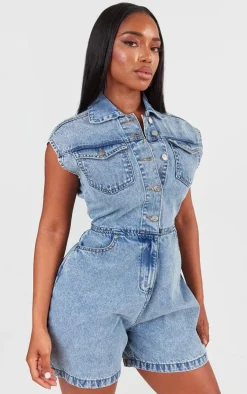 Shape Light Blue Sleeveless Rigid Denim Romper