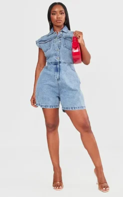 Shape Light Blue Sleeveless Rigid Denim Romper