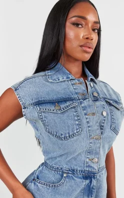 Shape Light Blue Sleeveless Rigid Denim Romper