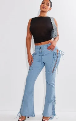 Shape Light Blue Stretch Denim Lace Up Flare Jeans