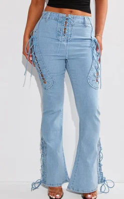 Shape Light Blue Stretch Denim Lace Up Flare Jeans