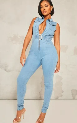 Shape Light Blue Wash Belted Detail Stretch Denim Jumpsuit