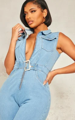 Shape Light Blue Wash Belted Detail Stretch Denim Jumpsuit