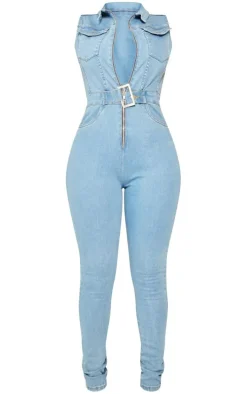 Shape Light Blue Wash Belted Detail Stretch Denim Jumpsuit