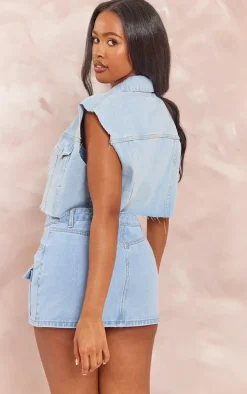 Shape Light Blue Wash Denim Raw Hem Edge Cropped Jacket