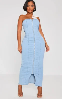 Shape Light Blue Wash Denim Zip Through Maxi Dress