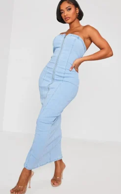 Shape Light Blue Wash Denim Zip Through Maxi Dress