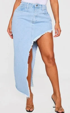 Shape Light Blue Wash Denim Asymmetric Frayed Hem Midaxi Skirt