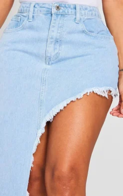 Shape Light Blue Wash Denim Asymmetric Frayed Hem Midaxi Skirt