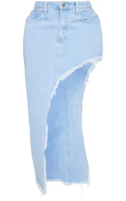 Shape Light Blue Wash Denim Asymmetric Frayed Hem Midaxi Skirt