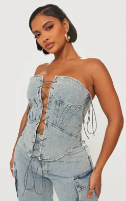 Shape Light Blue Wash Denim Lace Up Front Corset