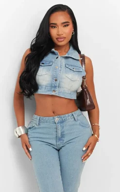 Shape Light Blue Wash Denim Button Front Sleeveless Jacket