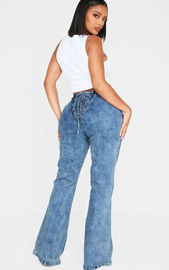 Shape Light Blue Wash Denim Lace Up Back Flare Jeans